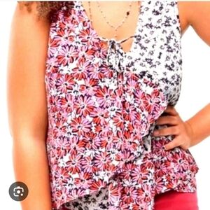 CAbi Red Pink Asymmetrical Tie Front Sleeveless Blouse